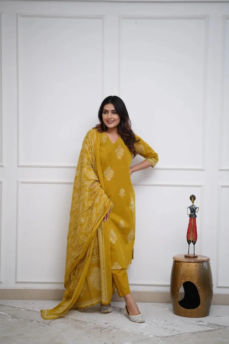 GoSriKi Mustard GoSriKi Women's Rayon Viscose Straight Printed Kurta with Pant & Dupatta (Kanisha Mustard-GS_L_Mustard_Large) for Women | Best Price UAE